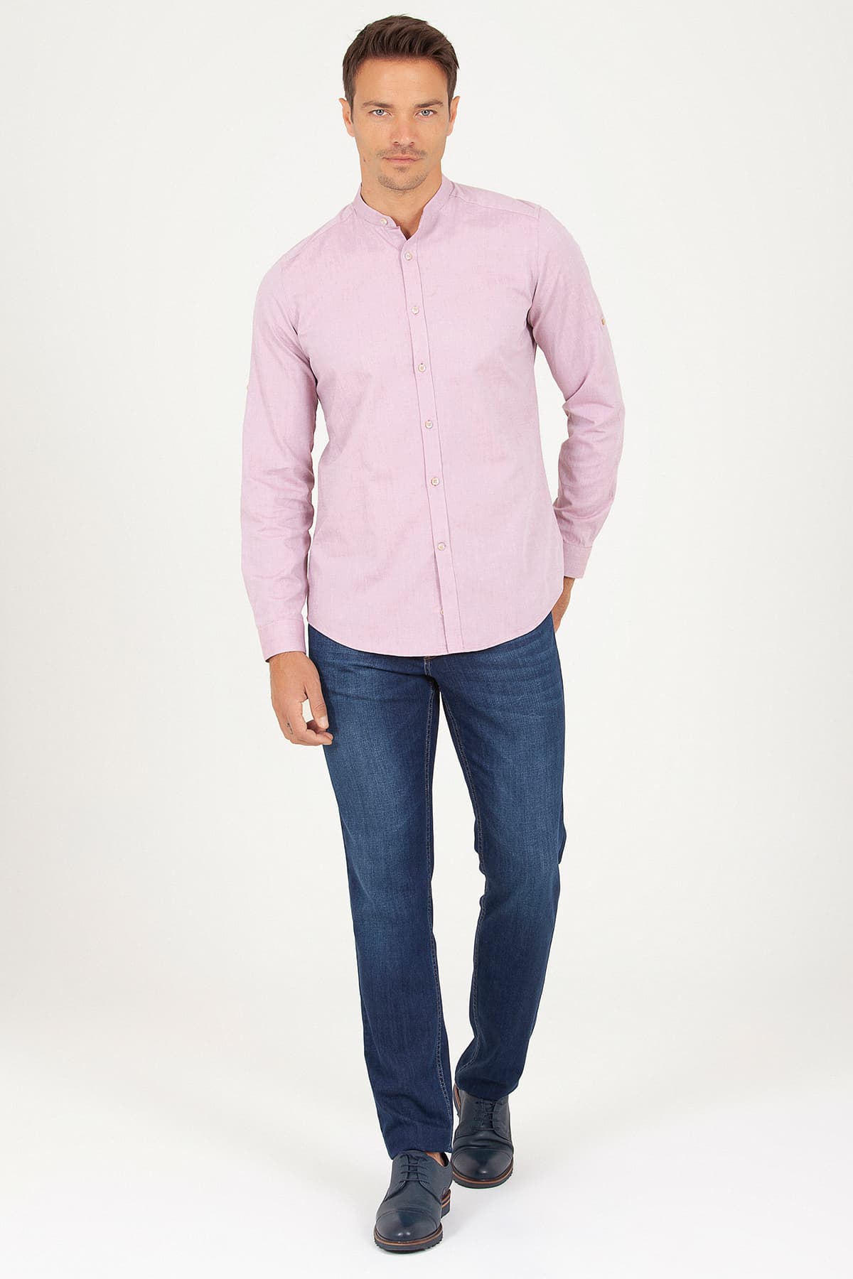 Slim Fit Long Sleeve Cotton Burgundy Casual Shirt - SAYKI