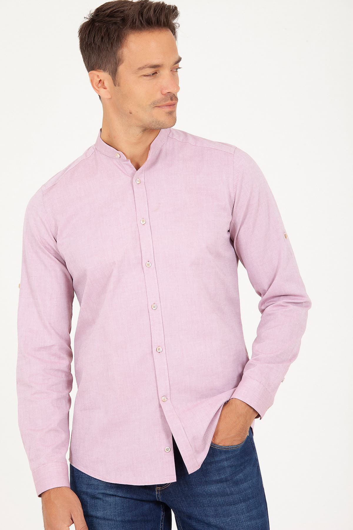 Slim Fit Long Sleeve Cotton Burgundy Casual Shirt - SAYKI