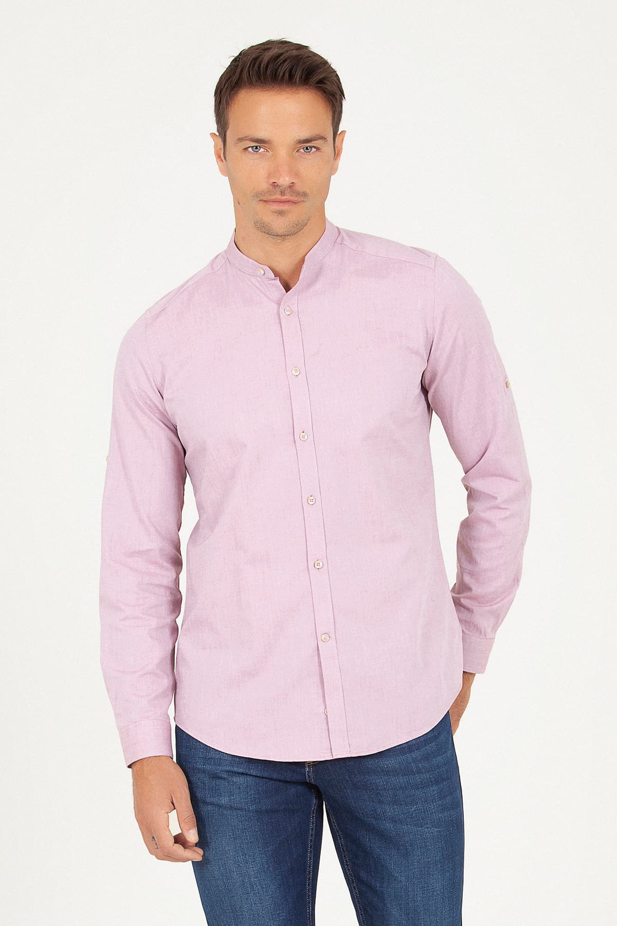 Slim Fit Long Sleeve Cotton Burgundy Casual Shirt - SAYKI