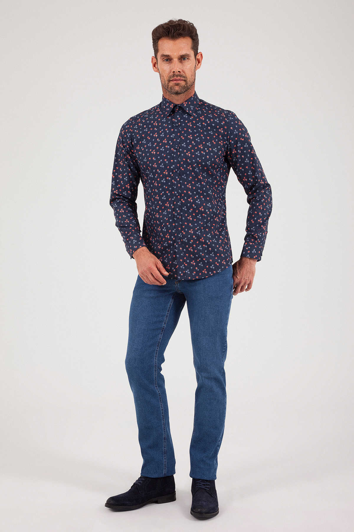Slim Fit Long Sleeve Cotton Floral Navy Casual Shirt - SAYKI