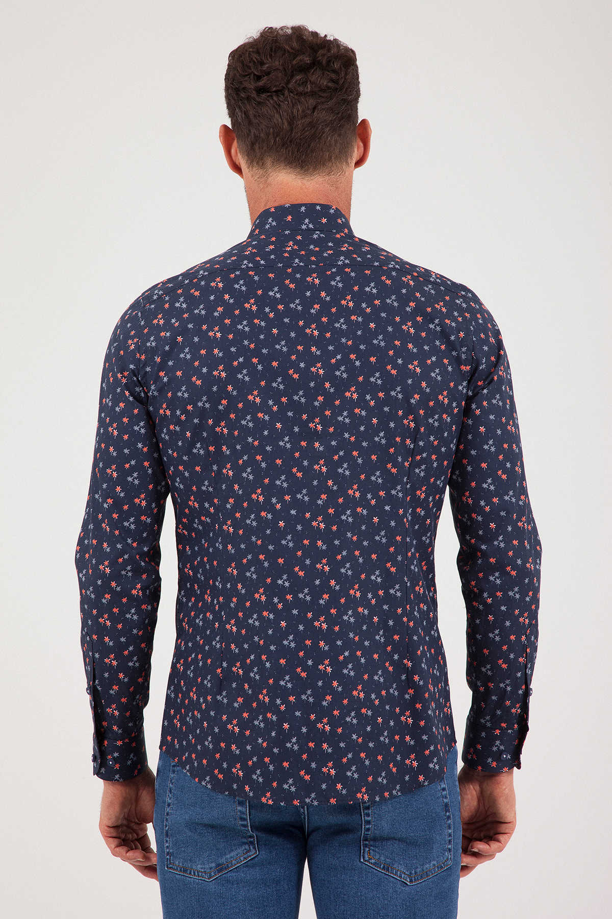 Slim Fit Long Sleeve Cotton Floral Navy Casual Shirt - SAYKI