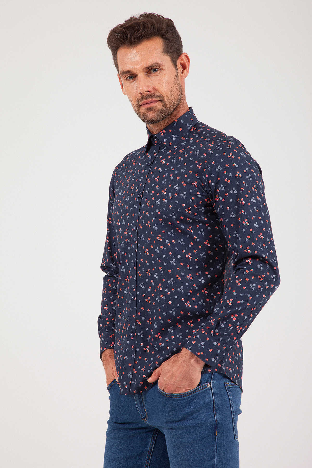 Slim Fit Long Sleeve Cotton Floral Navy Casual Shirt - SAYKI