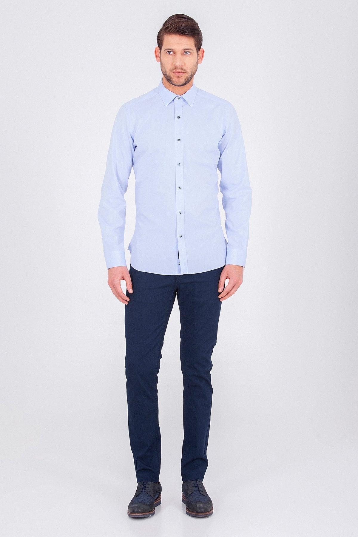 Slim Fit Long Sleeve Cotton Ice Blue Casual Shirt - SAYKI