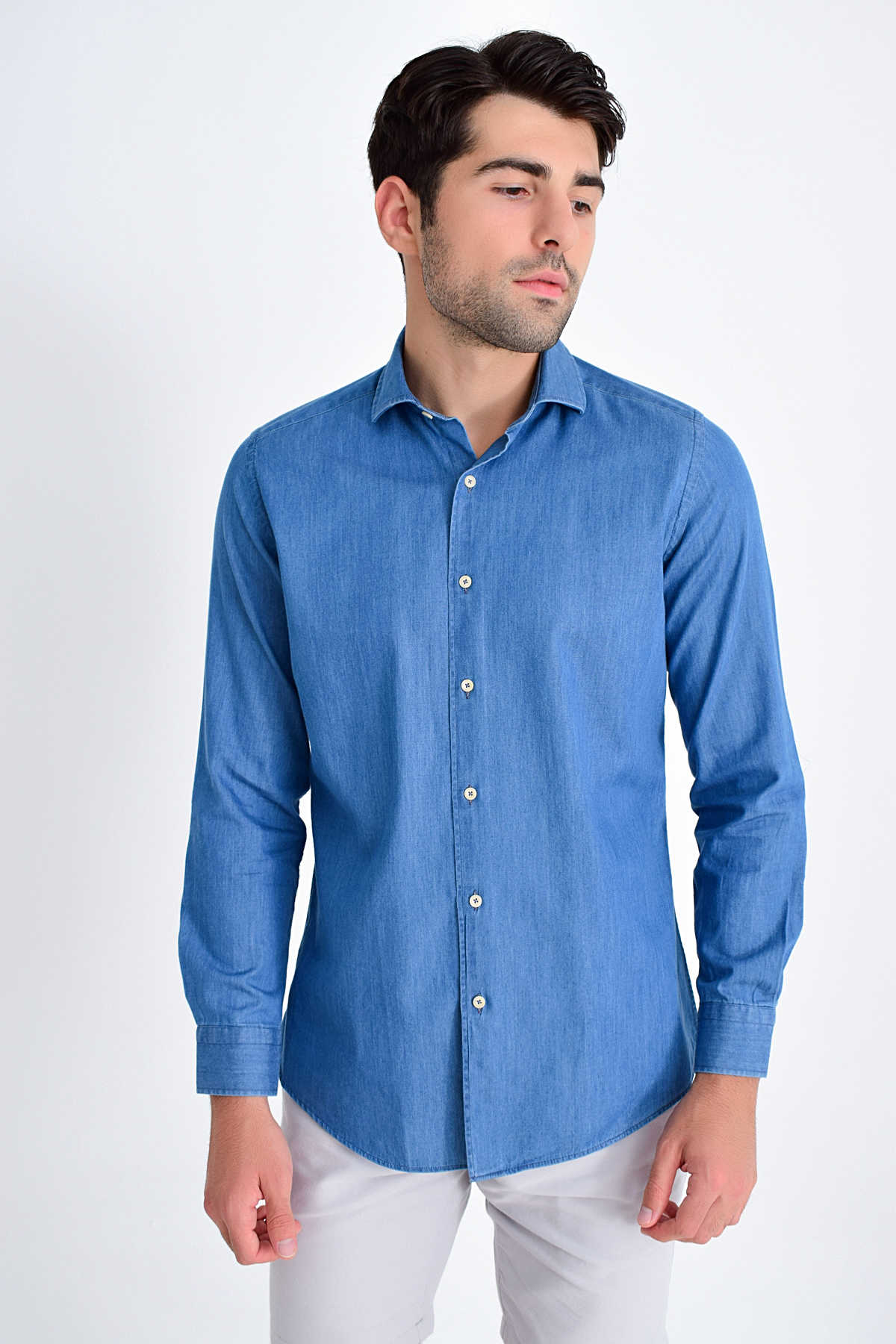 Slim Fit Long Sleeve Cotton Indigo Casual Shirt - SAYKI