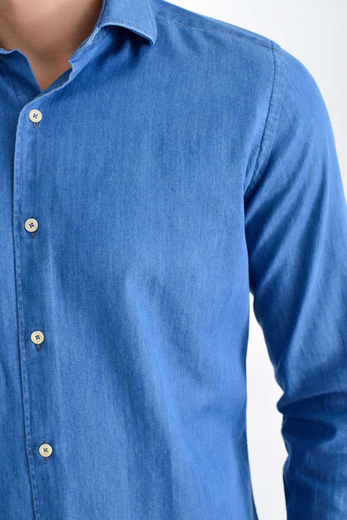 Slim Fit Long Sleeve Cotton Indigo Casual Shirt - SAYKI