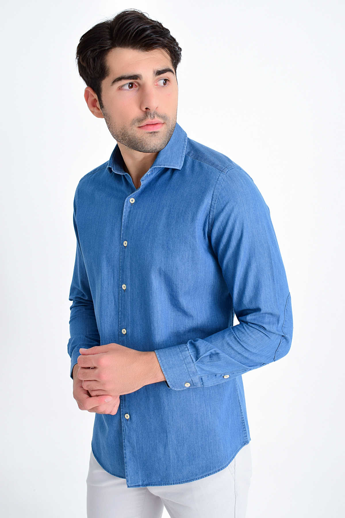 Slim Fit Long Sleeve Cotton Indigo Casual Shirt - SAYKI