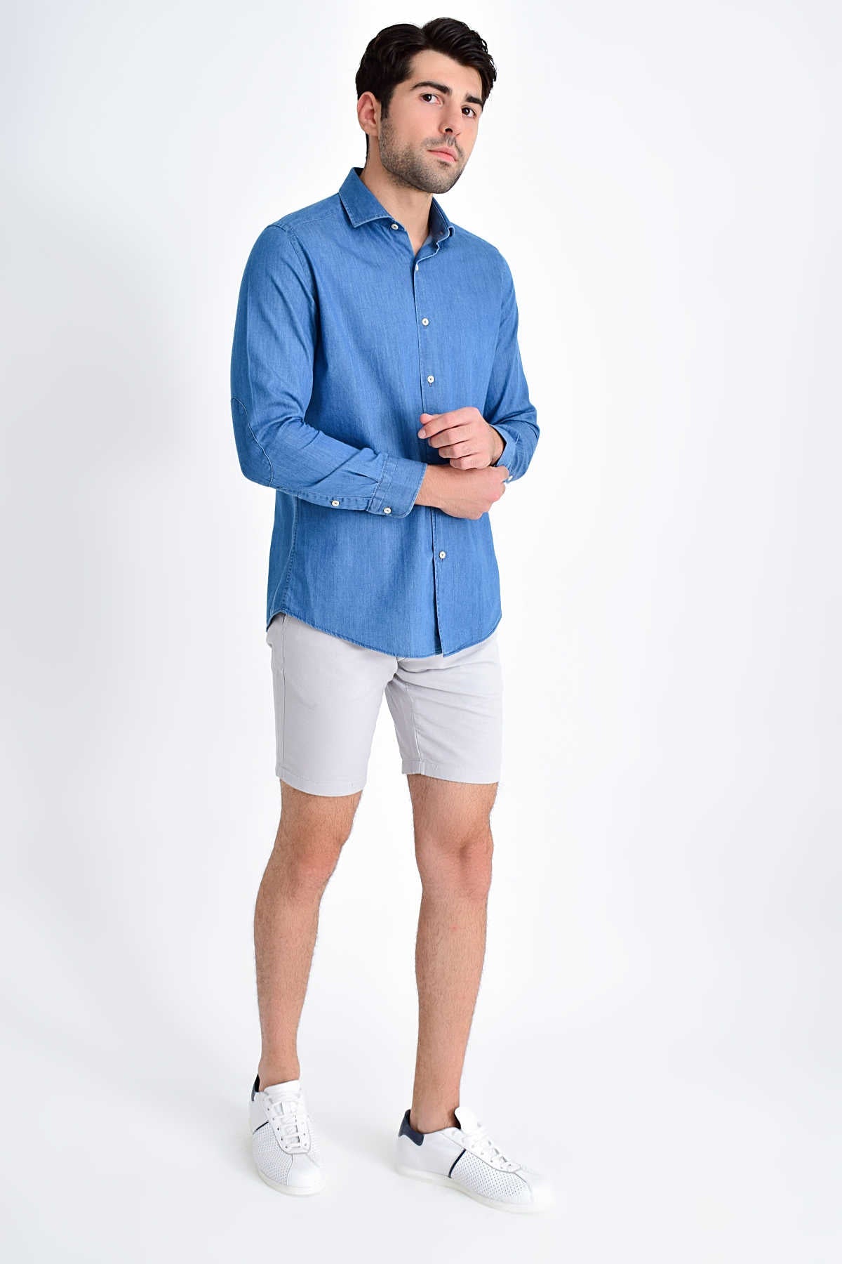 Slim Fit Long Sleeve Cotton Indigo Casual Shirt - SAYKI