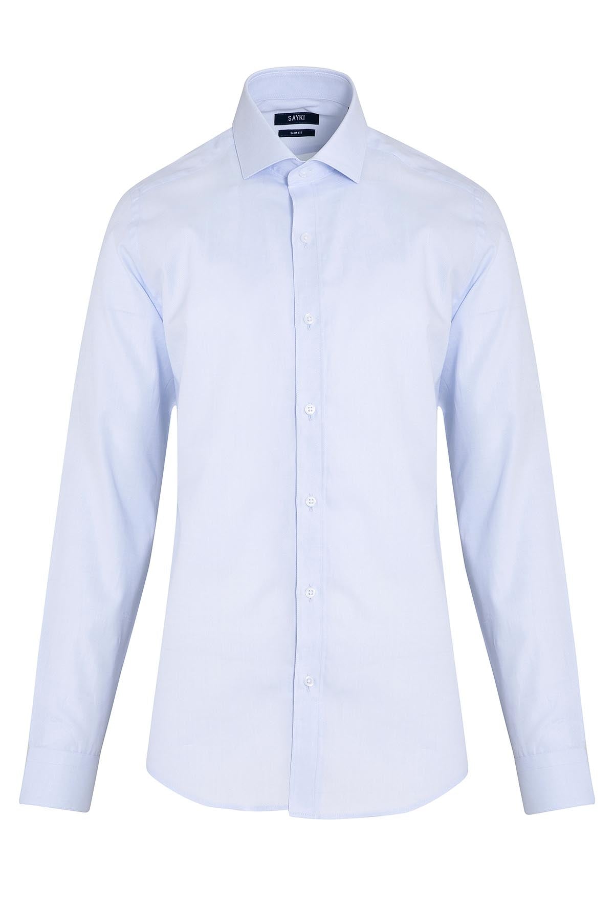 A crisp, light blue men’s dress shirt with a classic collar and button-down front.
