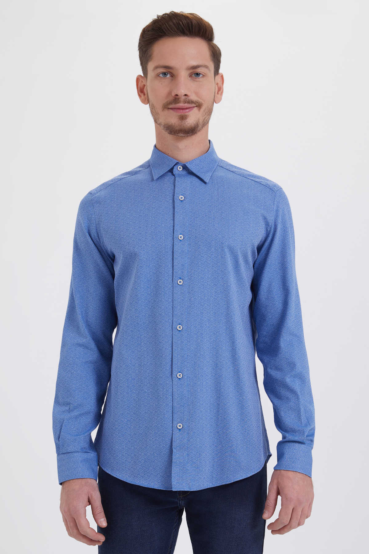 Slim Fit Long Sleeve Cotton Light Navy Dress Shirt - SAYKI