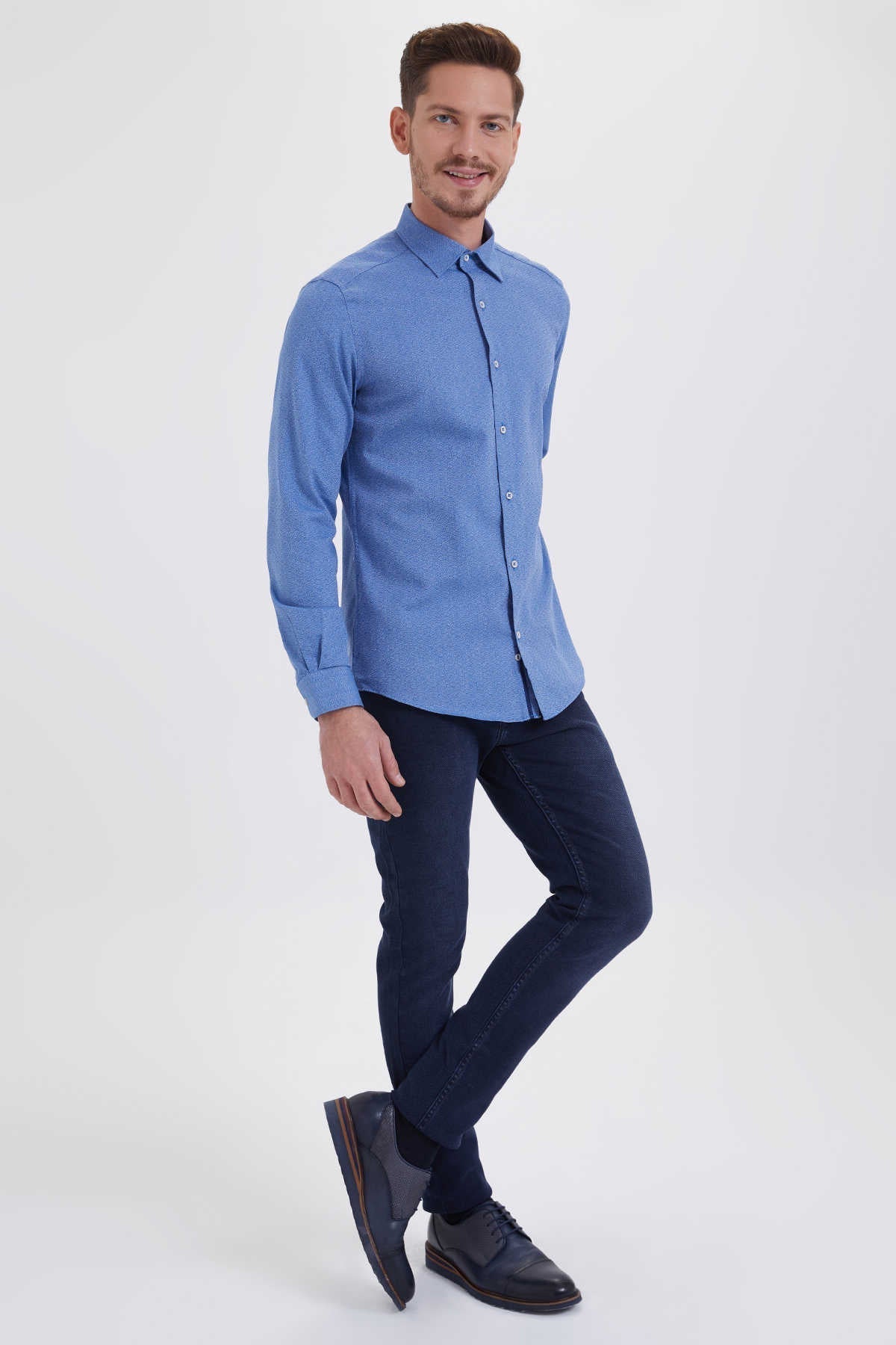 Slim Fit Long Sleeve Cotton Light Navy Dress Shirt - SAYKI