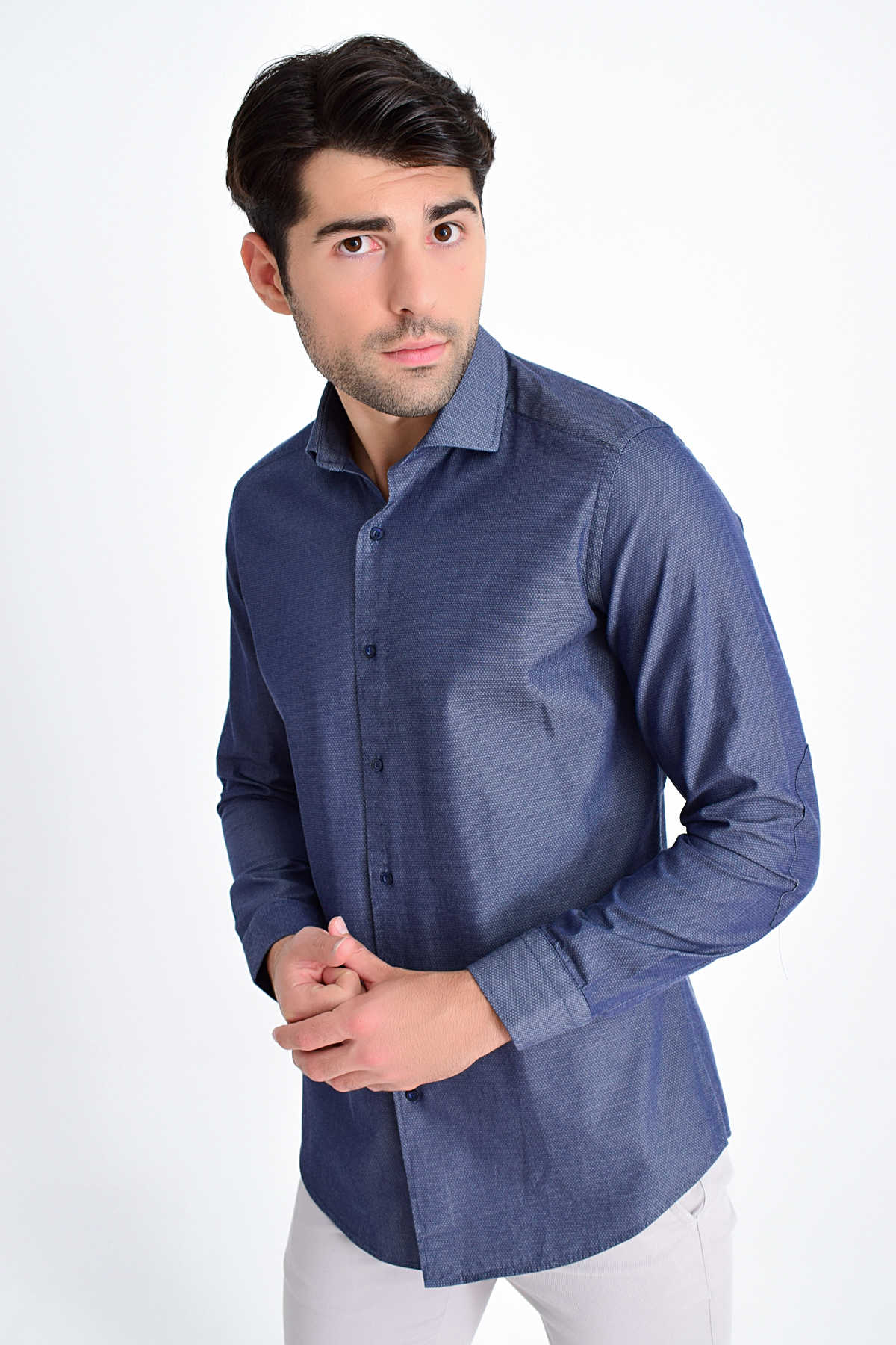 Slim Fit Long Sleeve Cotton Navy Casual Shirt - SAYKI