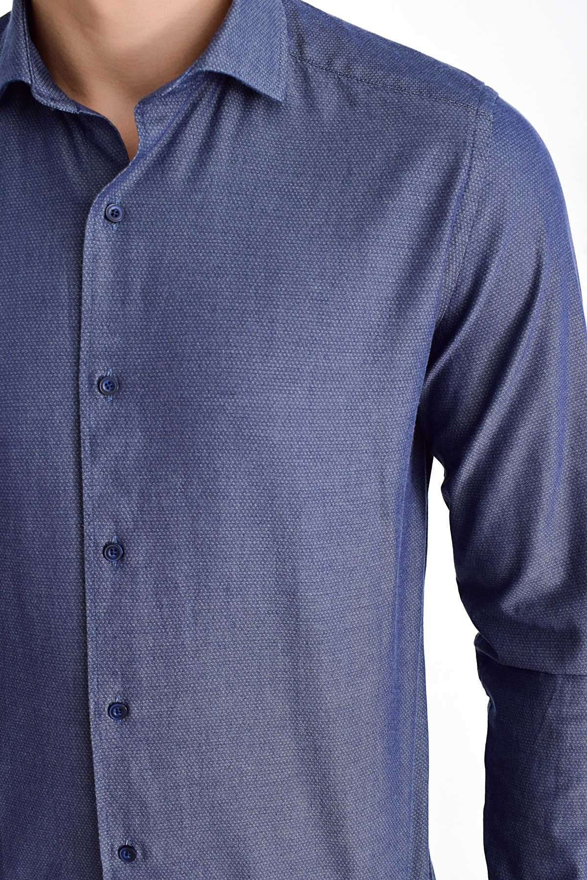 Slim Fit Long Sleeve Cotton Navy Casual Shirt - SAYKI