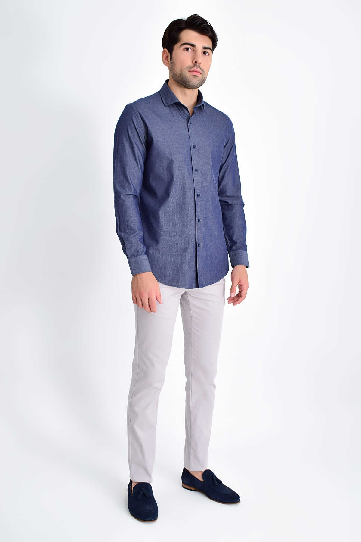 Slim Fit Long Sleeve Cotton Navy Casual Shirt - SAYKI