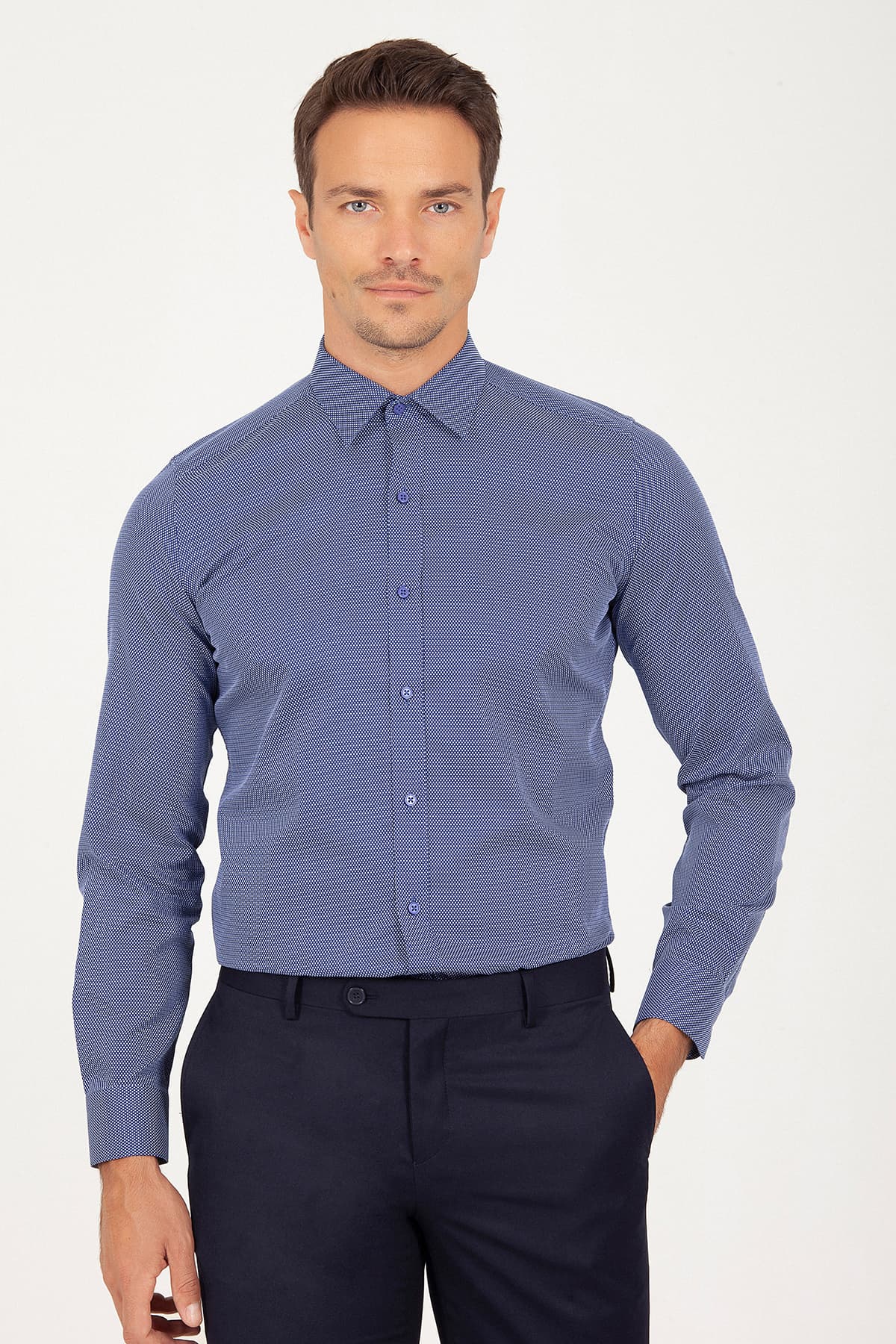 Slim Fit Long Sleeve Cotton Navy Dress Shirt - SAYKI