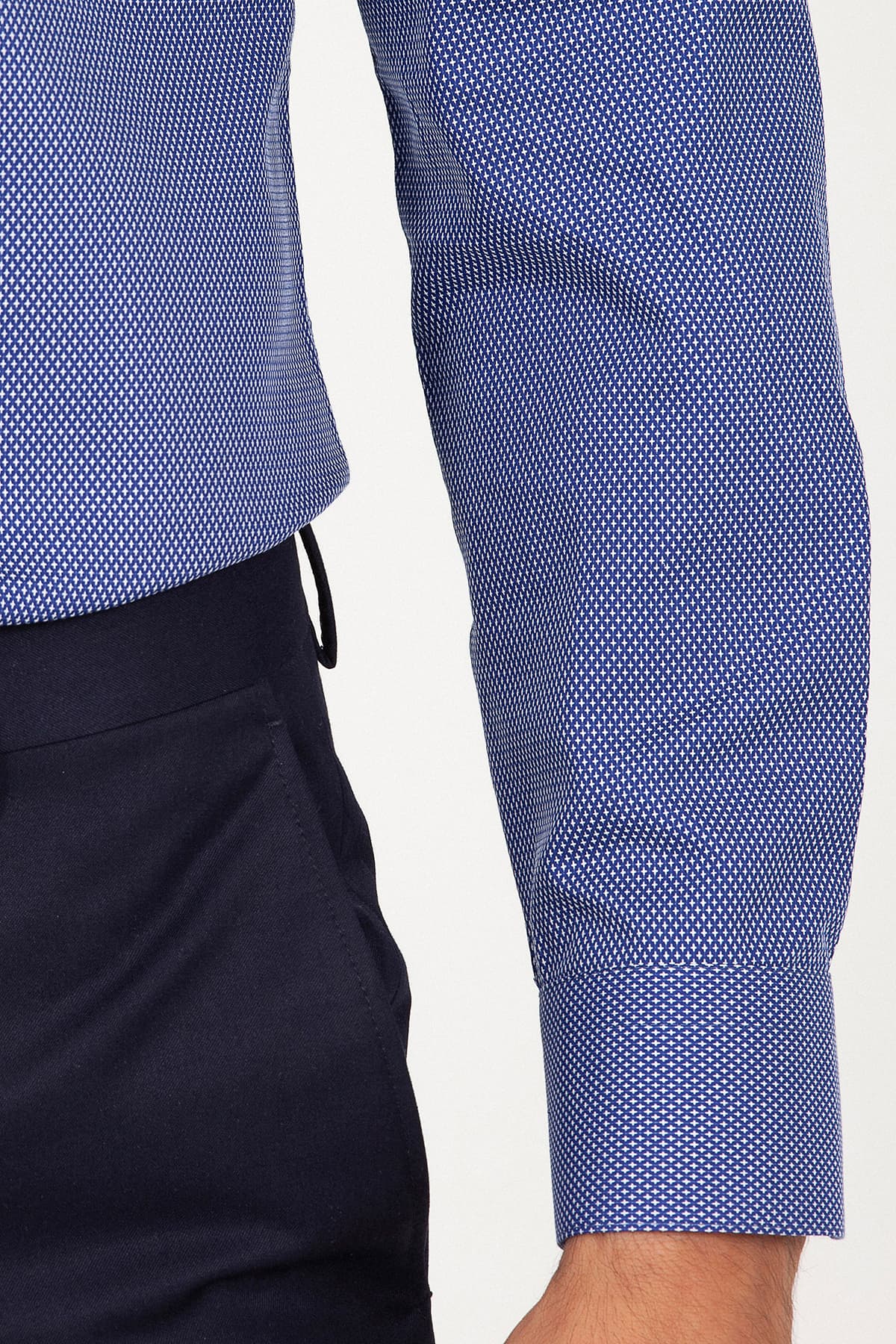 Slim Fit Long Sleeve Cotton Navy Dress Shirt - SAYKI