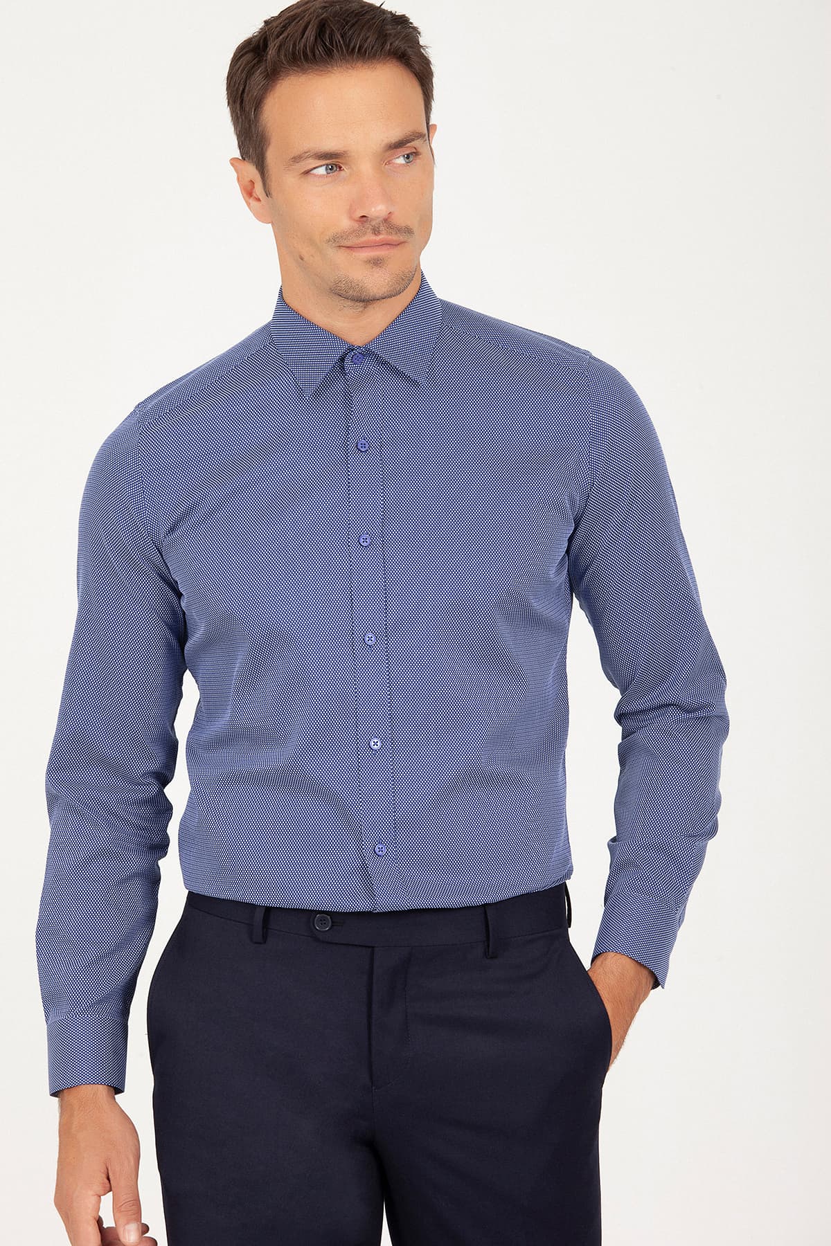 Slim Fit Long Sleeve Cotton Navy Dress Shirt - SAYKI