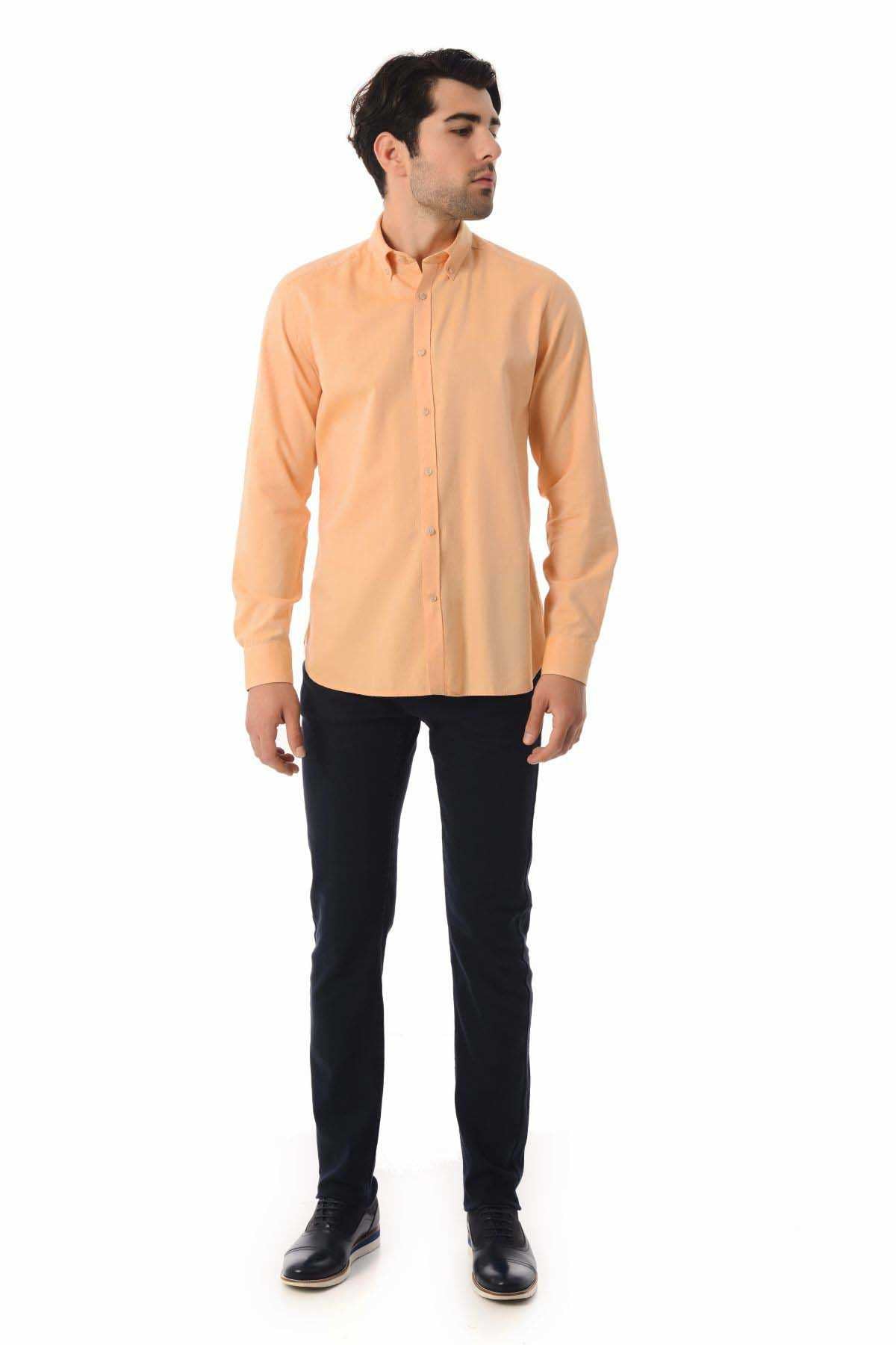 Slim Fit Long Sleeve Cotton Orange Casual Shirt - SAYKI