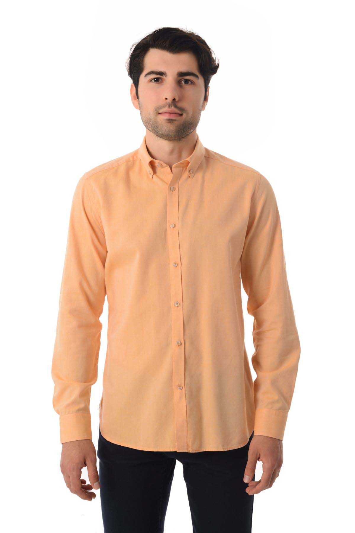 Slim Fit Long Sleeve Cotton Orange Casual Shirt - SAYKI