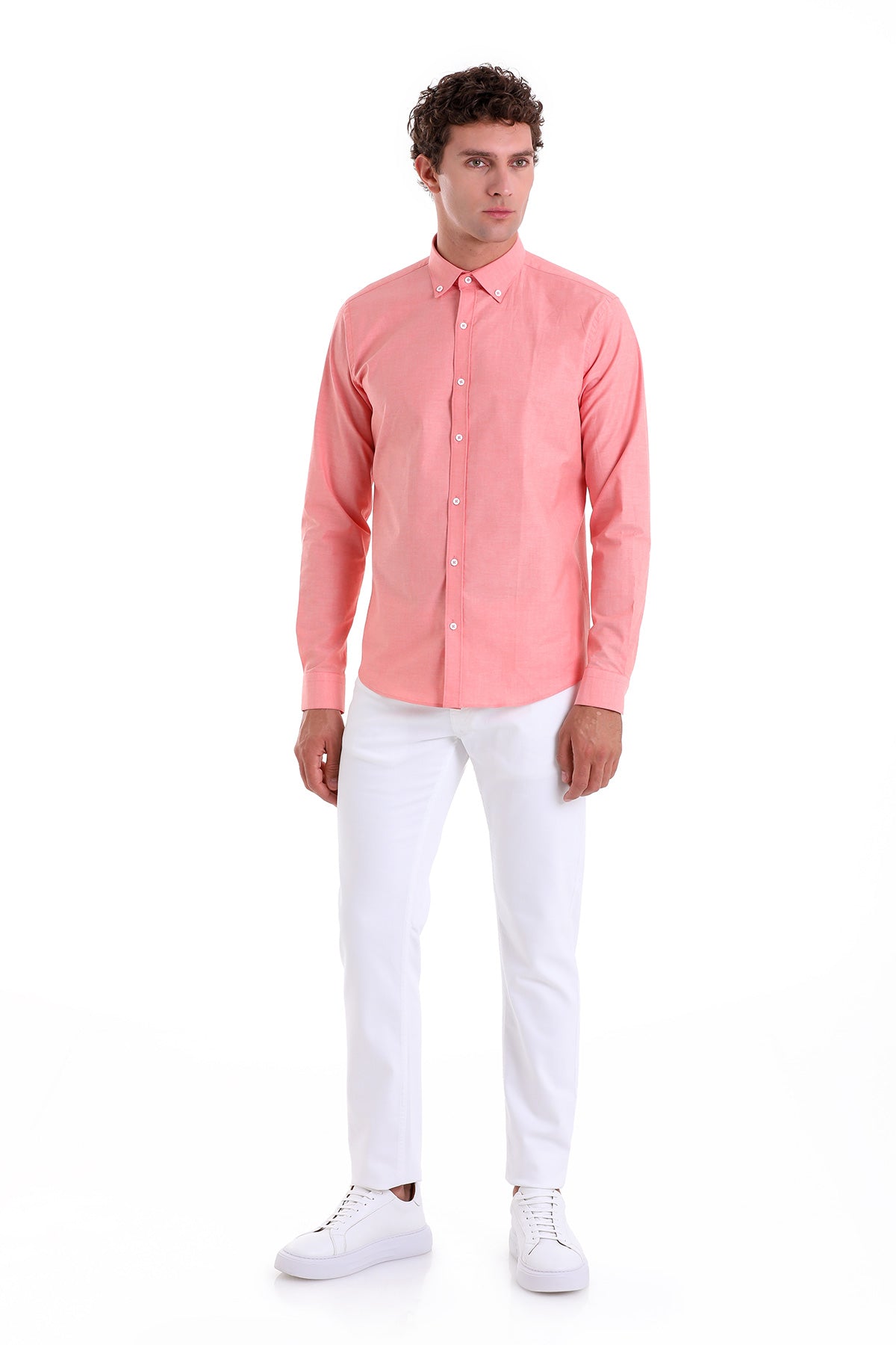 Slim Fit Long Sleeve Cotton Orange Dress Shirt - SAYKI