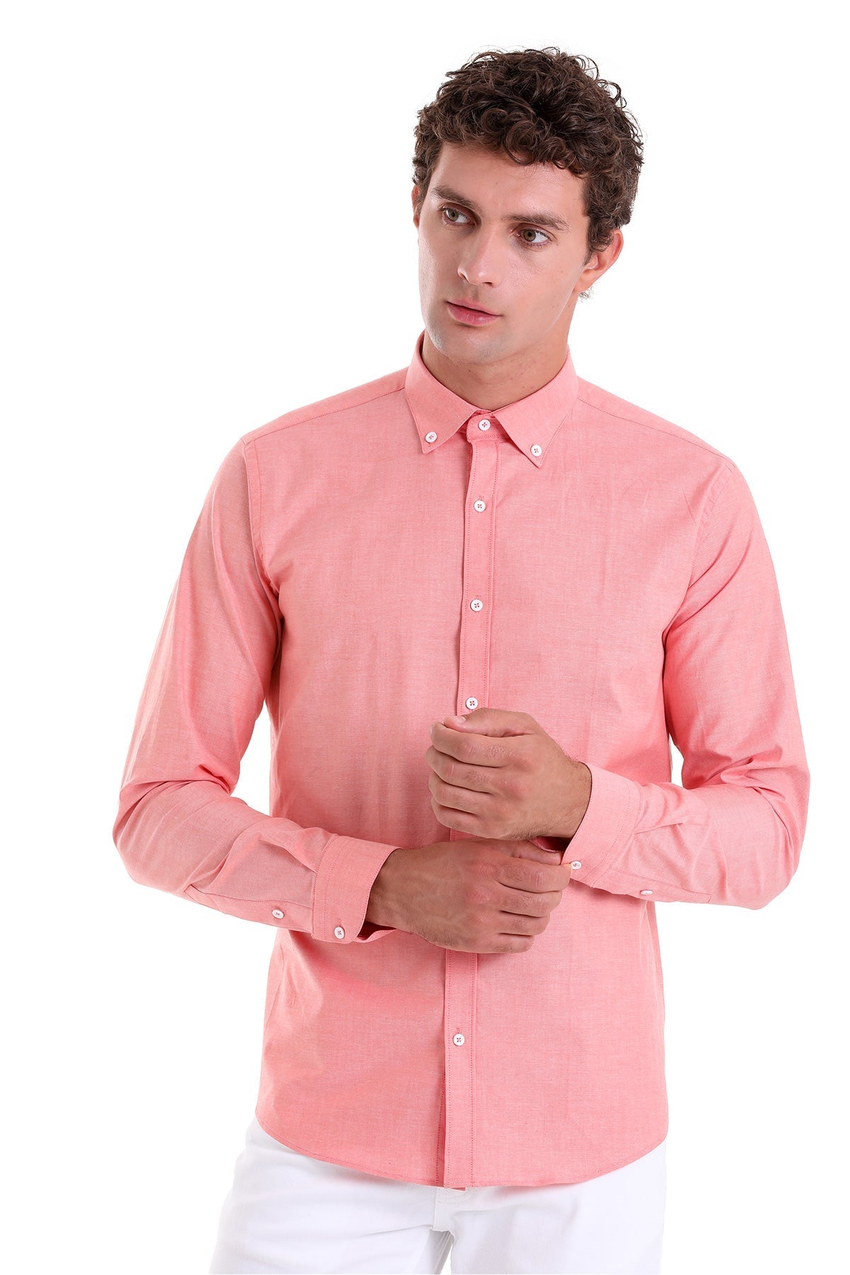 Slim Fit Long Sleeve Cotton Orange Dress Shirt - SAYKI