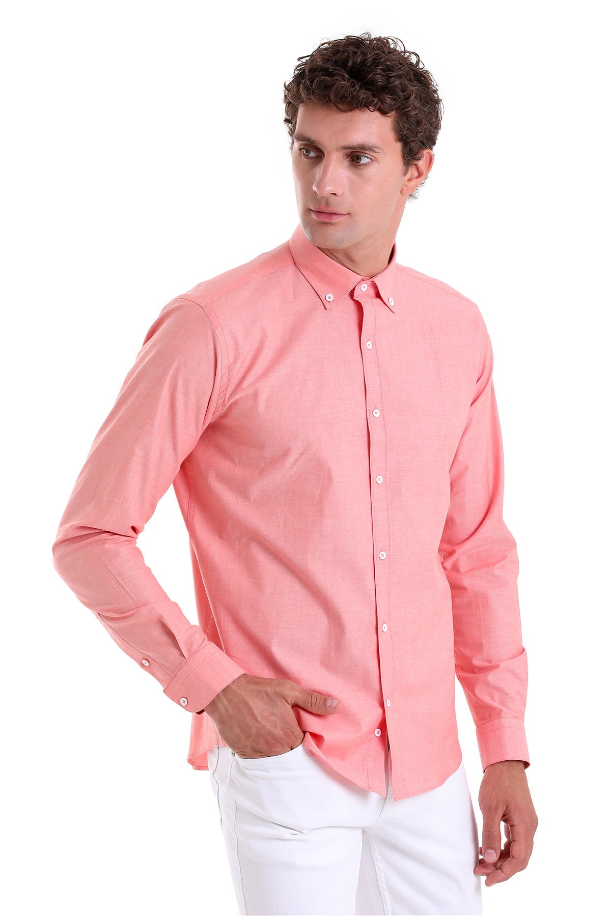Slim Fit Long Sleeve Cotton Orange Dress Shirt - SAYKI