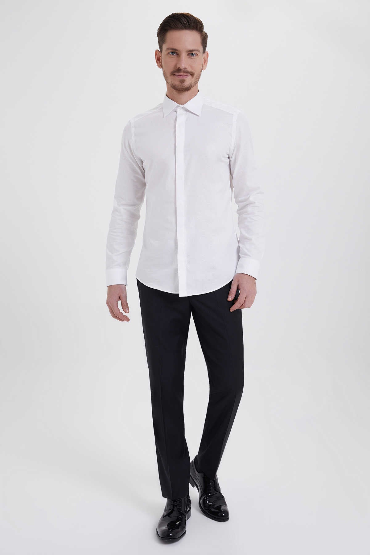 Slim Fit Long Sleeve Cotton White Casual Shirt - SAYKI