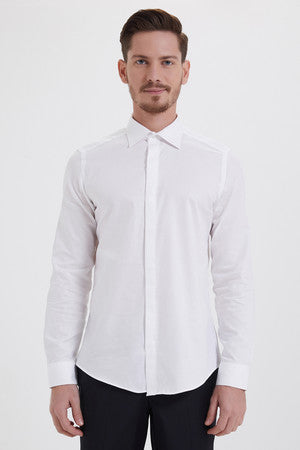 Slim Fit Long Sleeve Cotton White Casual Shirt - SAYKI