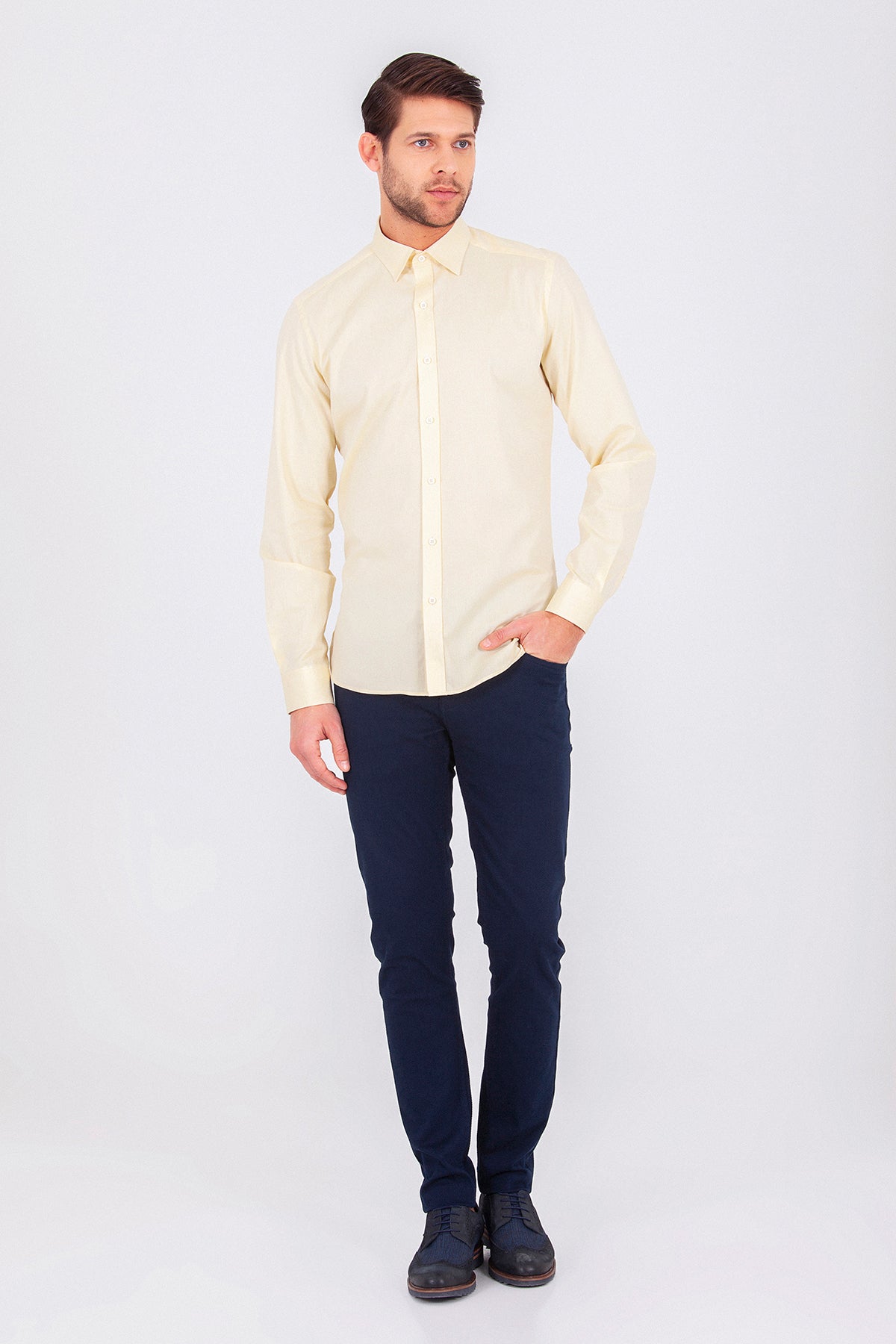 Slim Fit Long Sleeve Cotton Yellow Casual Shirt - SAYKI