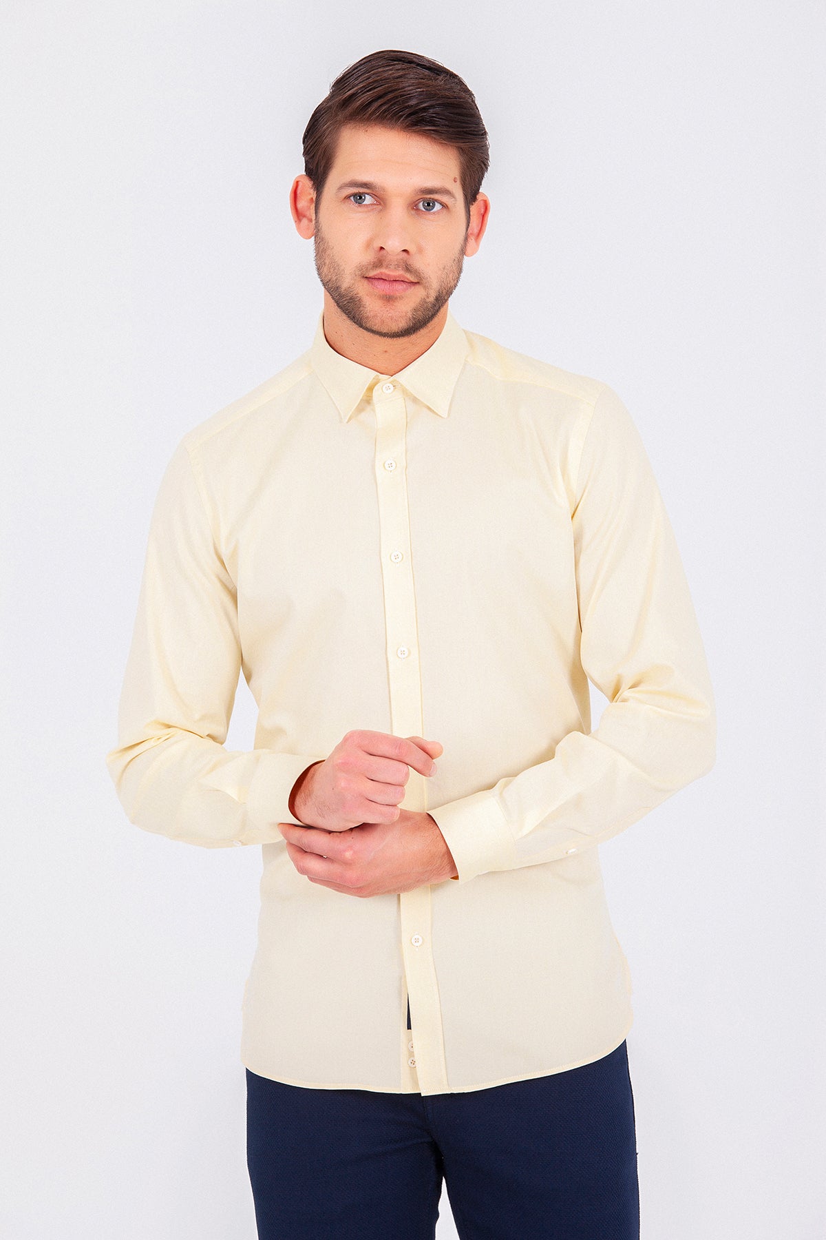 Slim Fit Long Sleeve Cotton Yellow Casual Shirt - SAYKI