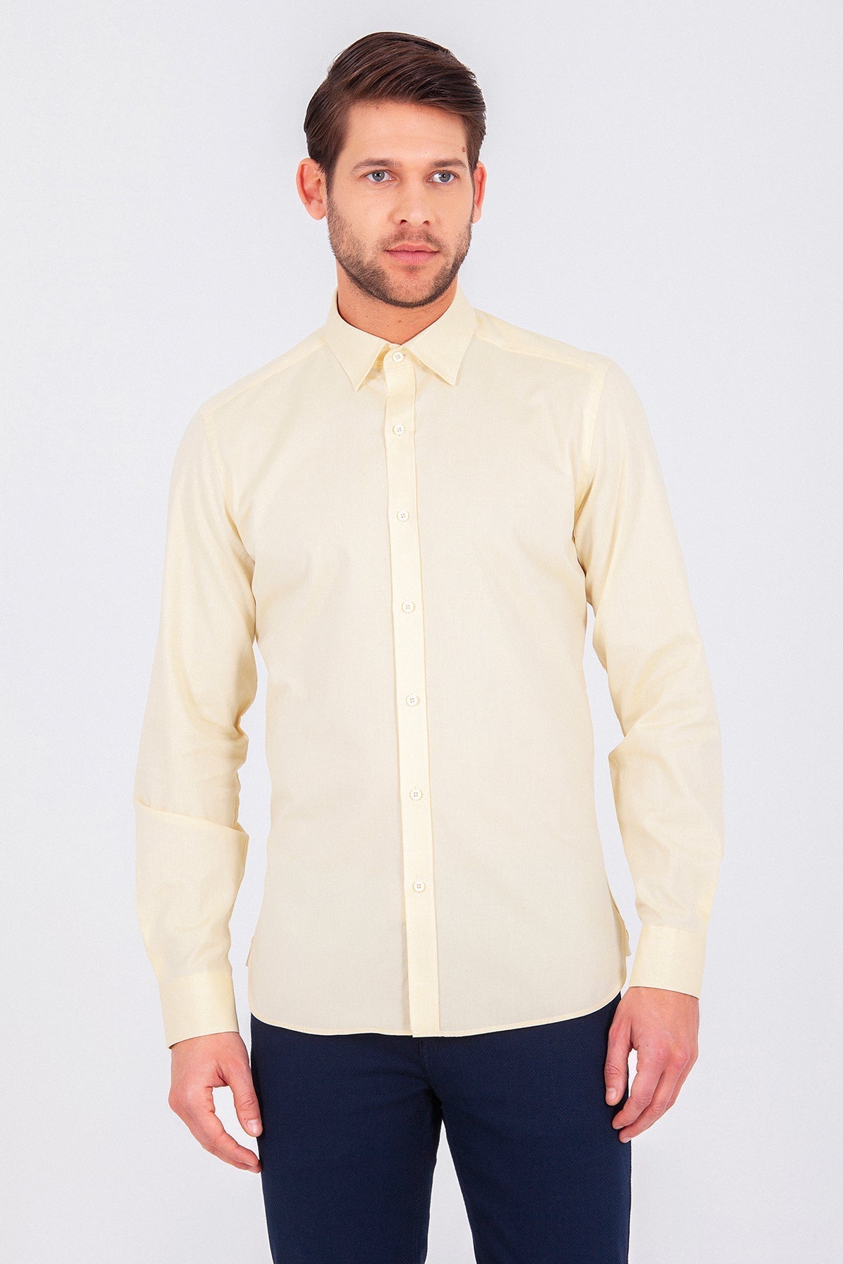 Slim Fit Long Sleeve Cotton Yellow Casual Shirt - SAYKI