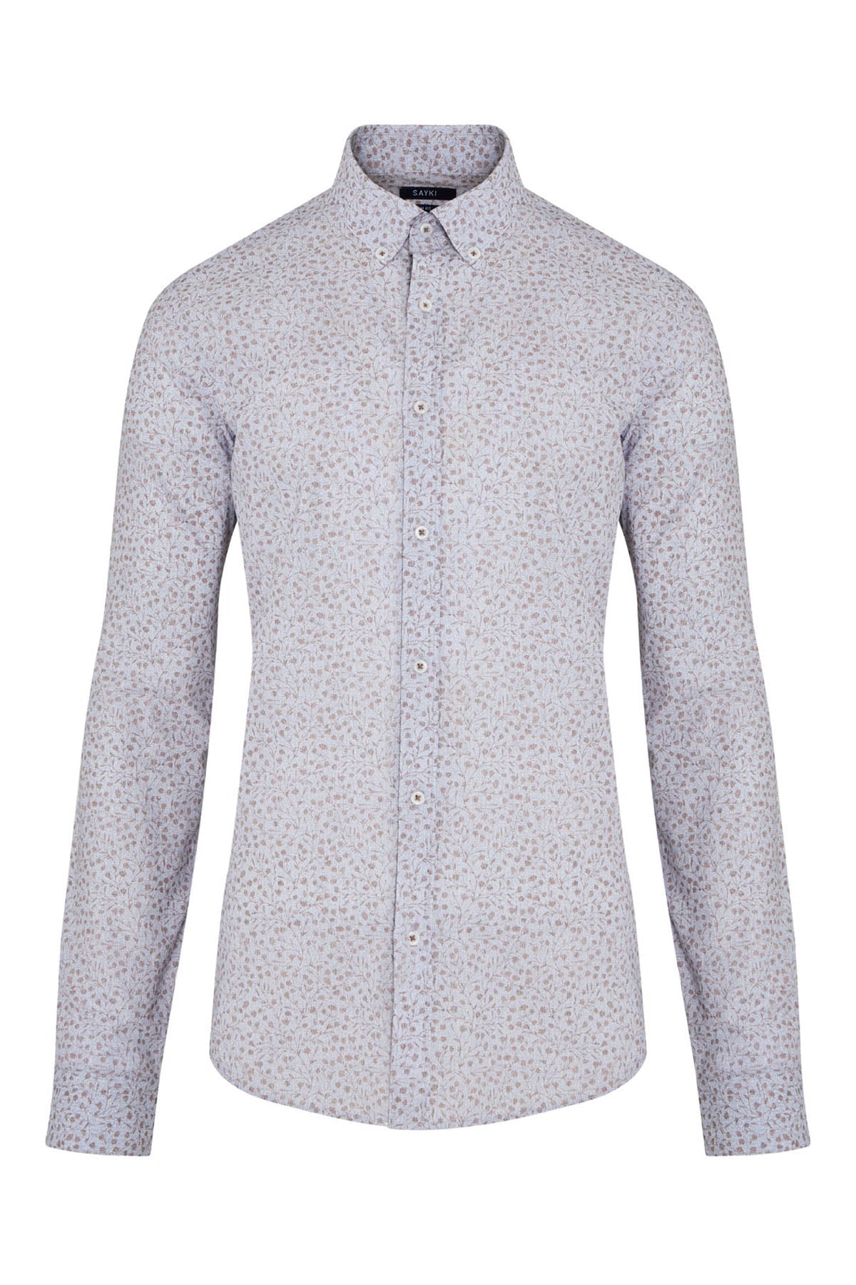 Slim Fit Long Sleeve Floral Cotton Brown Dress Shirt - SAYKI