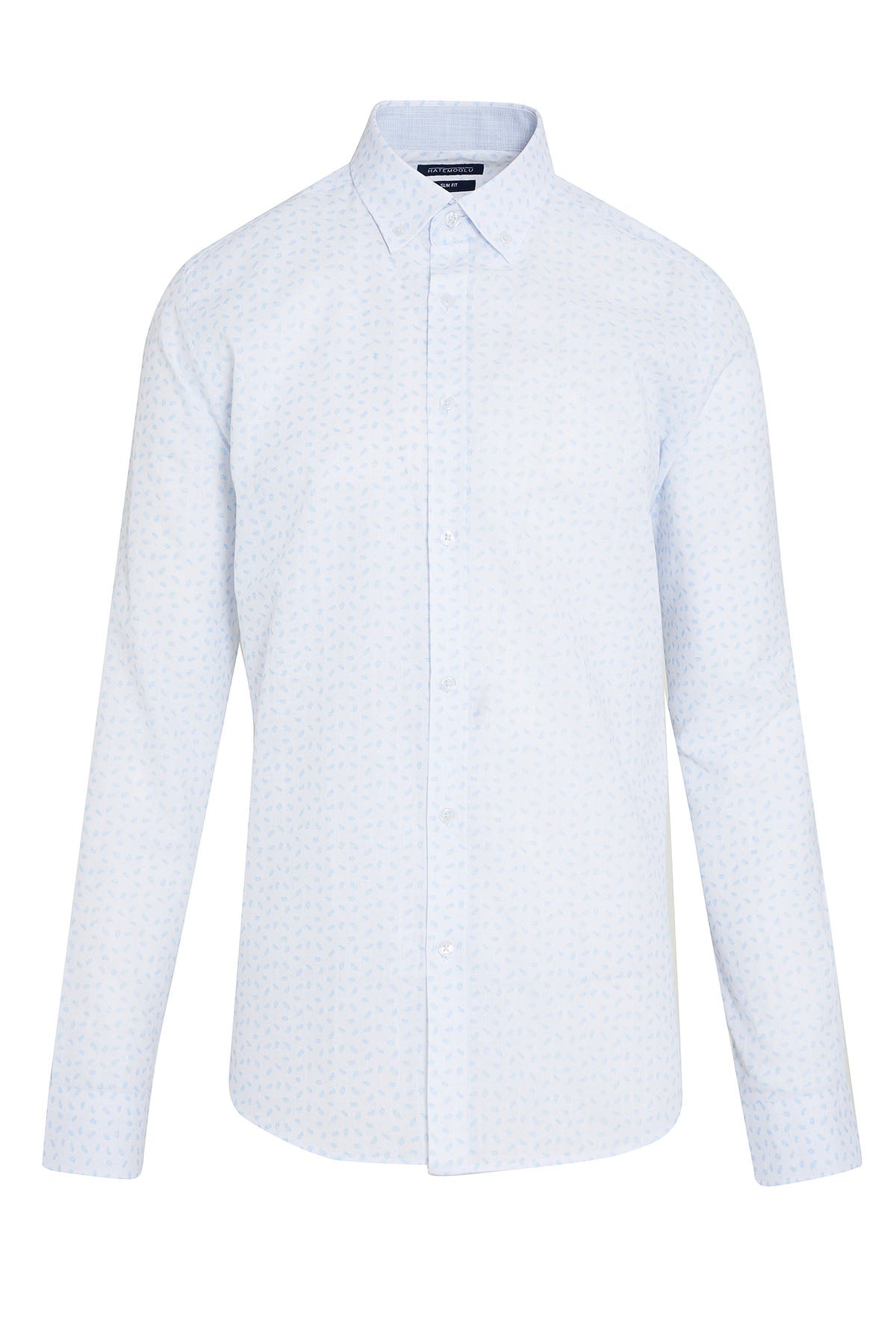 A crisp white long-sleeved dress shirt with a subtle textured pattern and classic button-down collar.