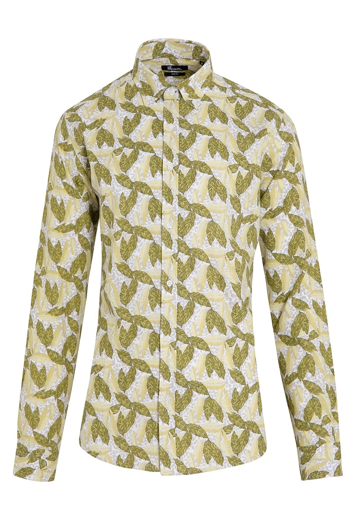 A men’s long-sleeved button-up shirt in a light green and white leaf pattern, featuring a classic collar and tailored fit.
