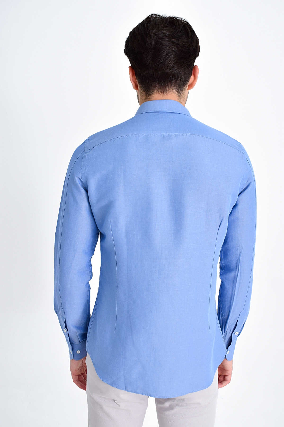 Slim Fit Long Sleeve Linen & Cotton Blue Casual Shirt