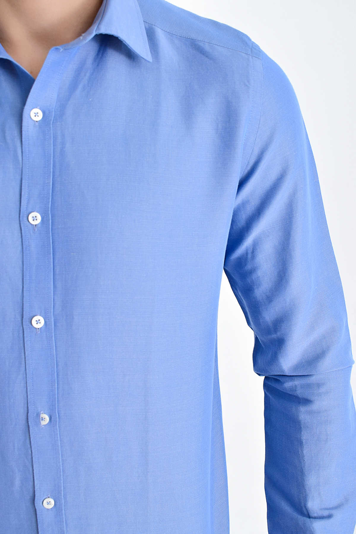 Slim Fit Long Sleeve Linen & Cotton Blue Casual Shirt