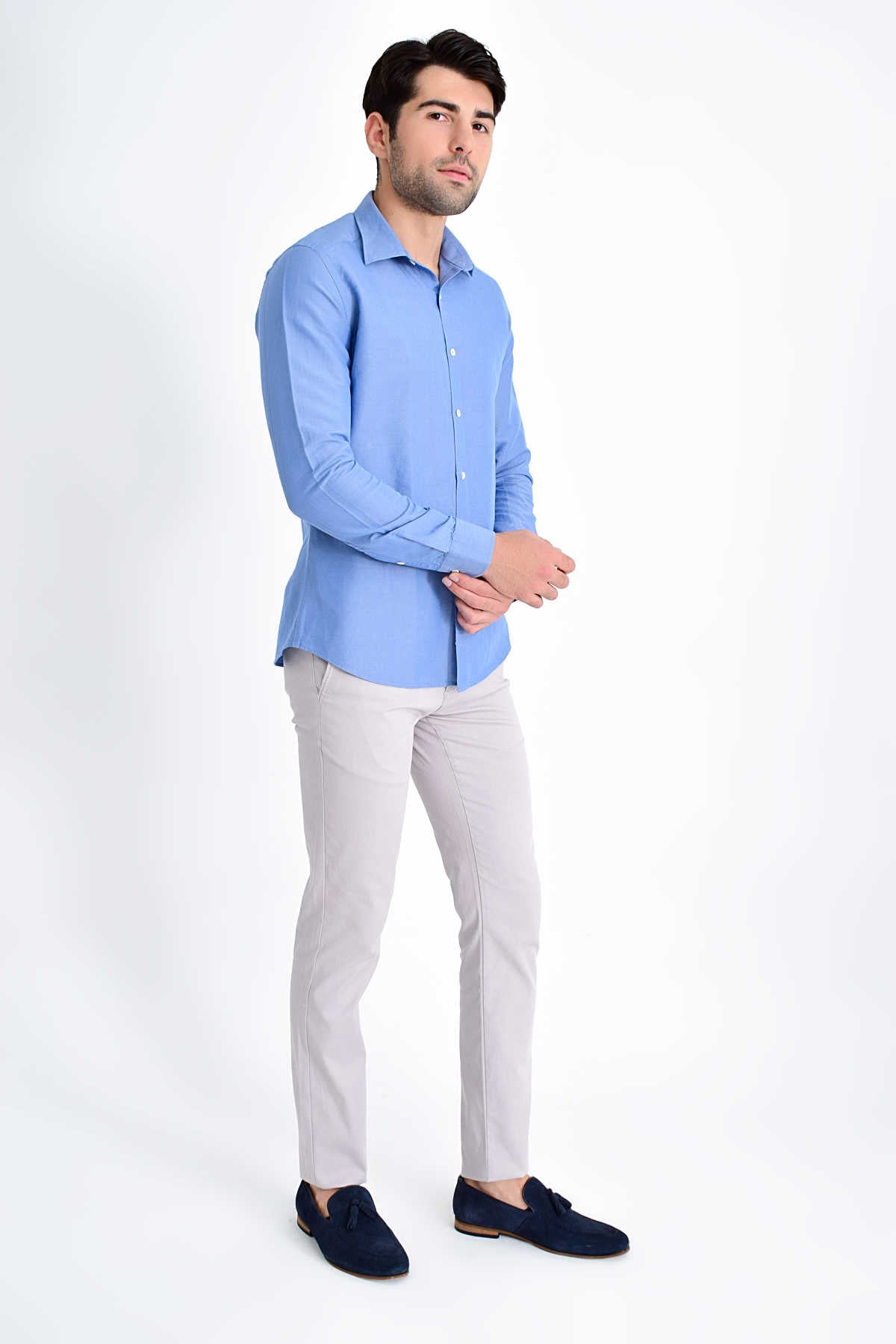 Slim Fit Long Sleeve Linen & Cotton Blue Casual Shirt