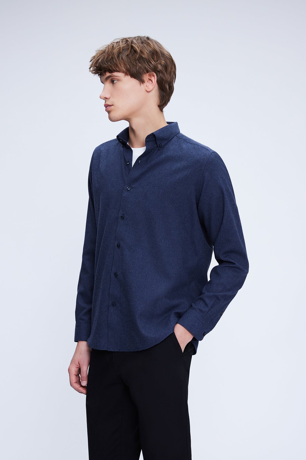 Slim Fit Long Sleeve Navy Cotton Blend Casual Shirt - SAYKI