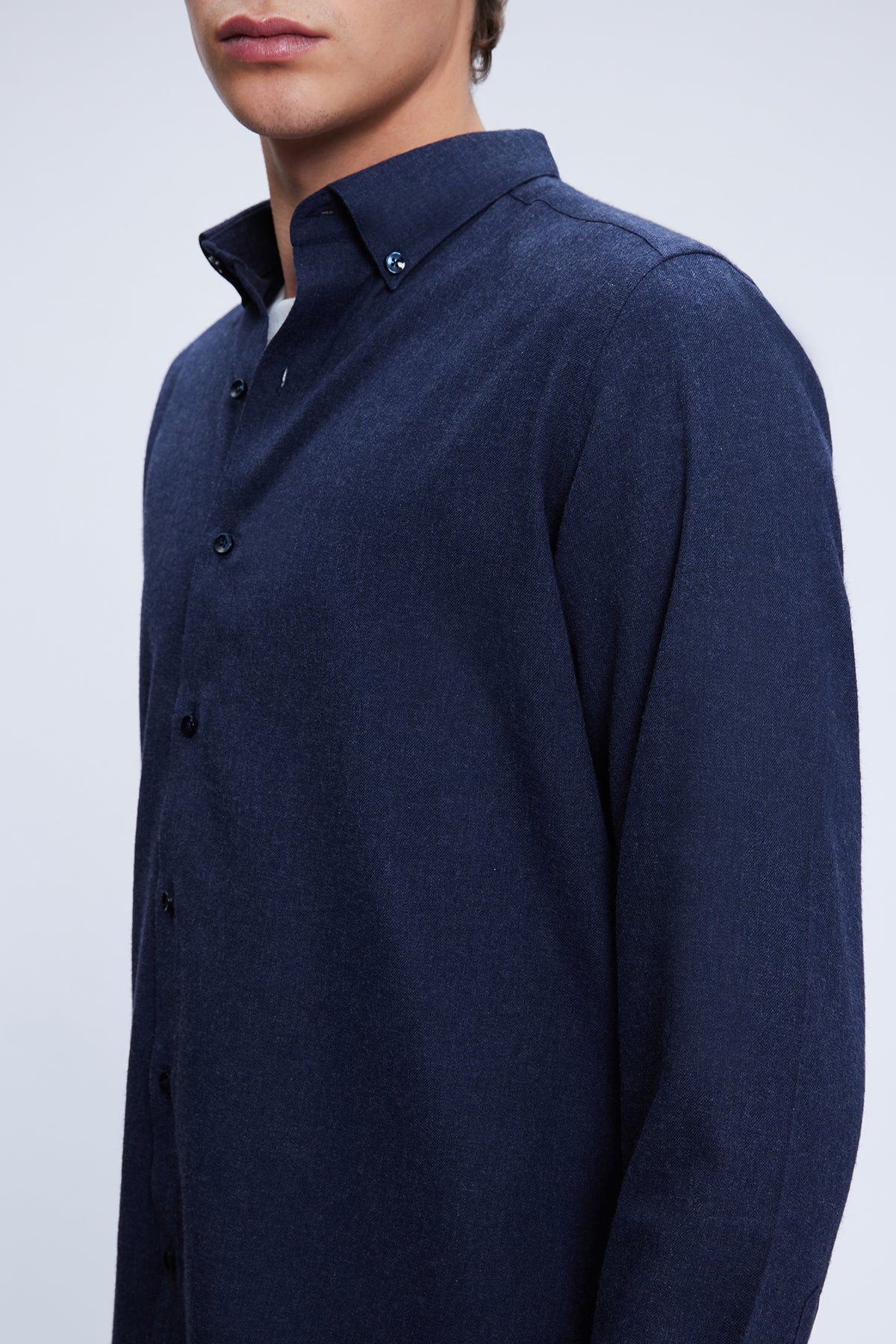 Slim Fit Long Sleeve Navy Cotton Blend Casual Shirt - SAYKI