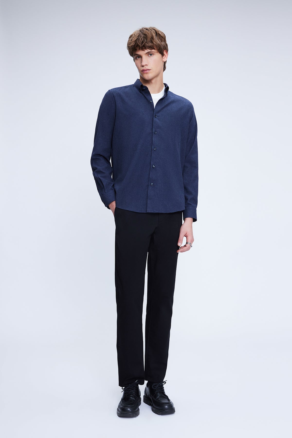 Slim Fit Long Sleeve Navy Cotton Blend Casual Shirt - SAYKI