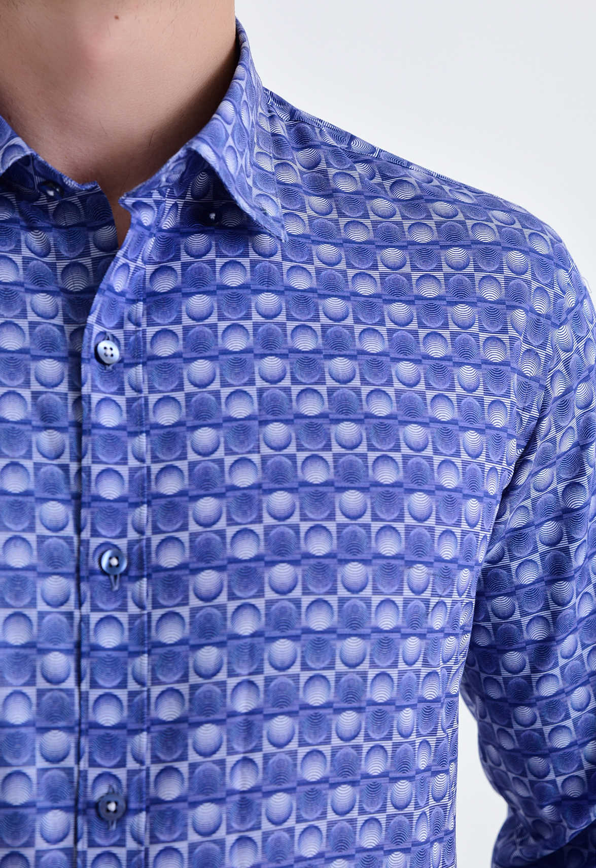 Slim Fit Long Sleeve Patterned Cotton Navy Dress Shirt