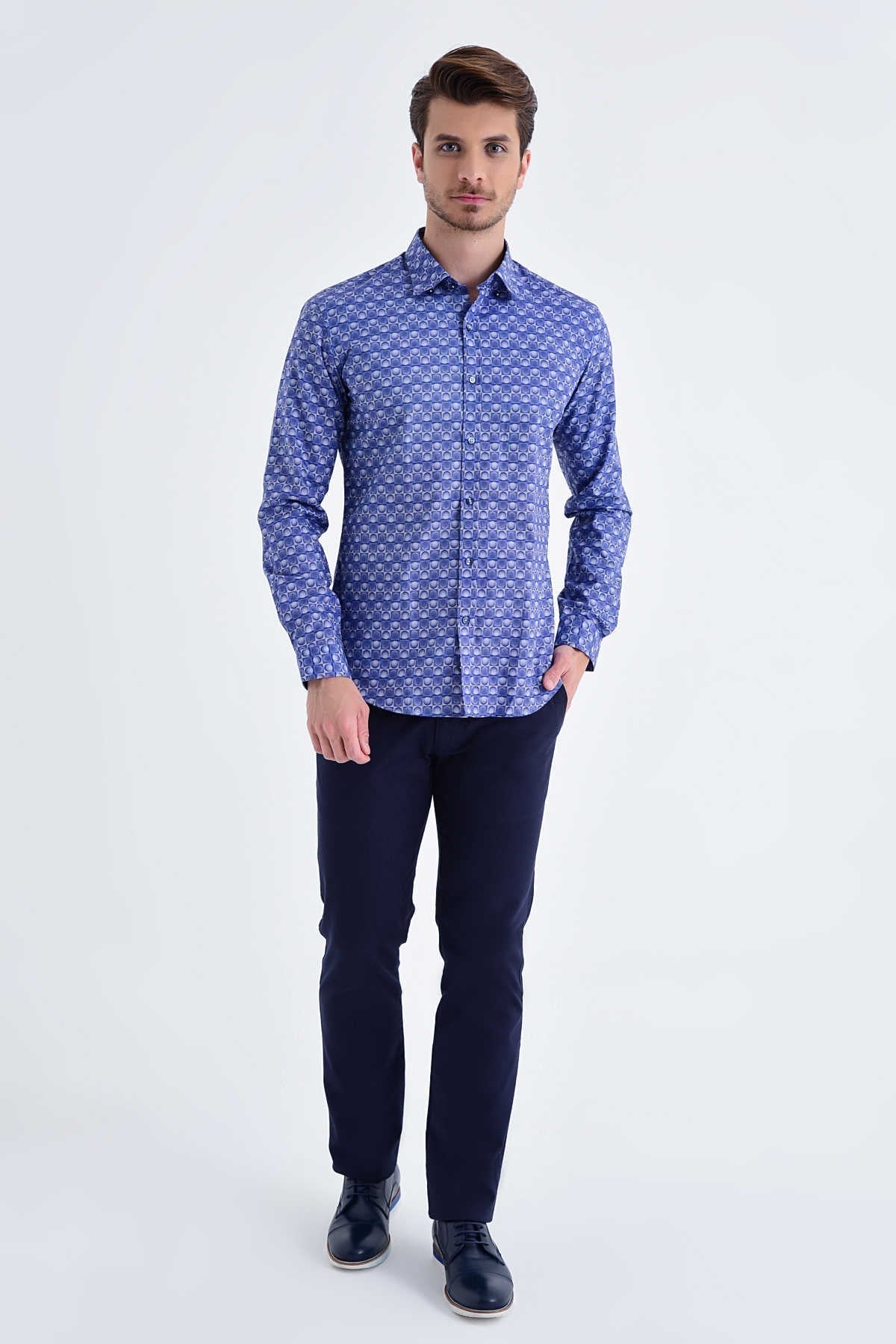 Slim Fit Long Sleeve Patterned Cotton Navy Dress Shirt