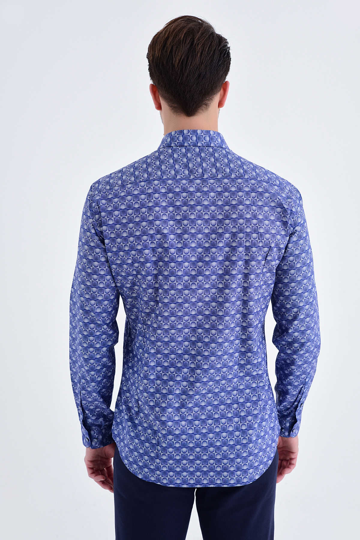 Slim Fit Long Sleeve Patterned Cotton Navy Dress Shirt
