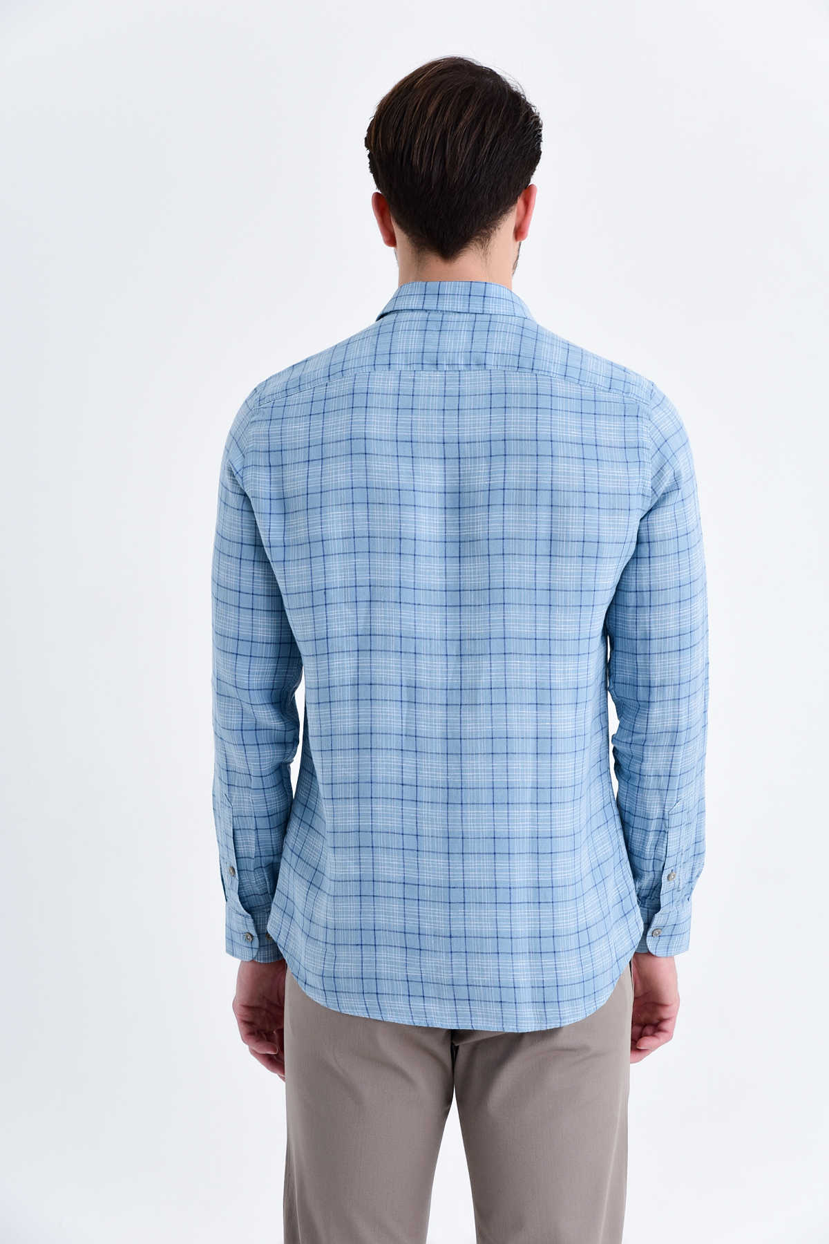 Slim Fit Long Sleeve Plaid Linen Blue Casual Shirt - SAYKI