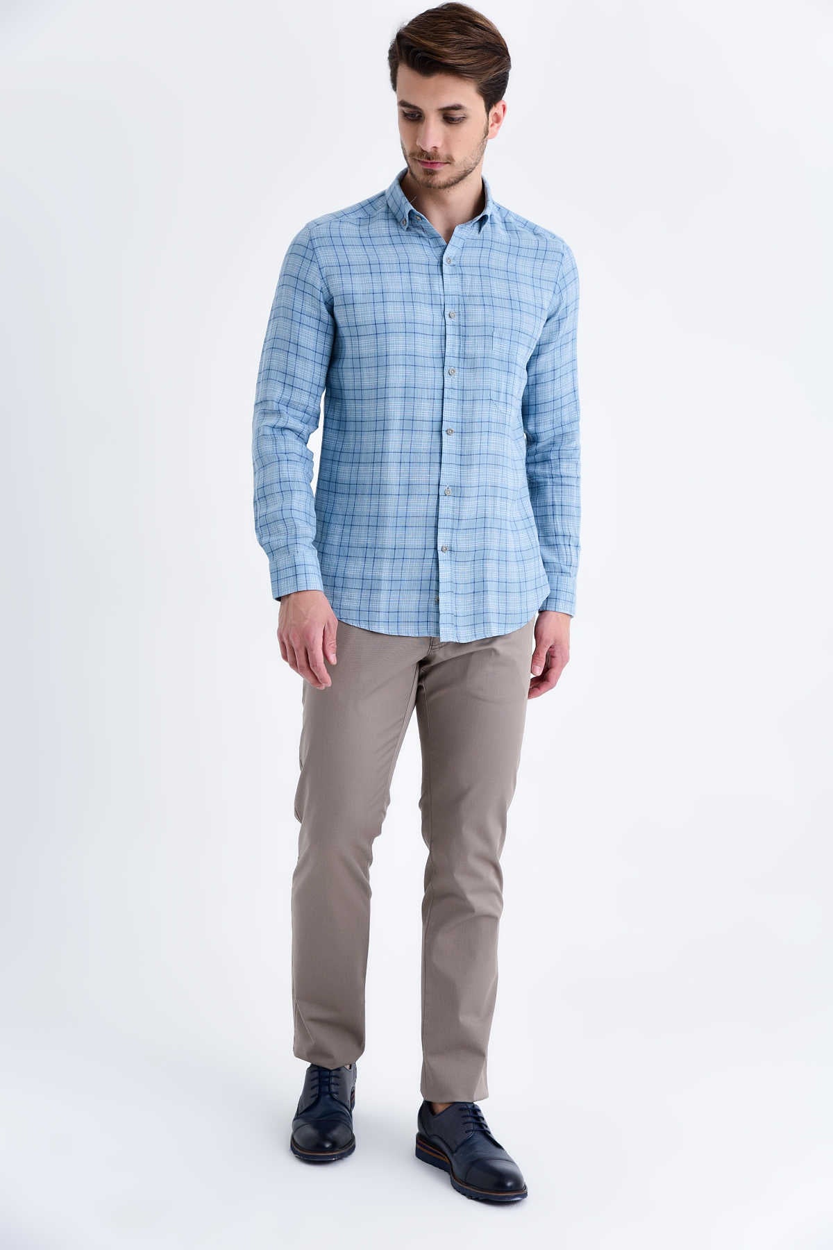 Slim Fit Long Sleeve Plaid Linen Blue Casual Shirt - SAYKI