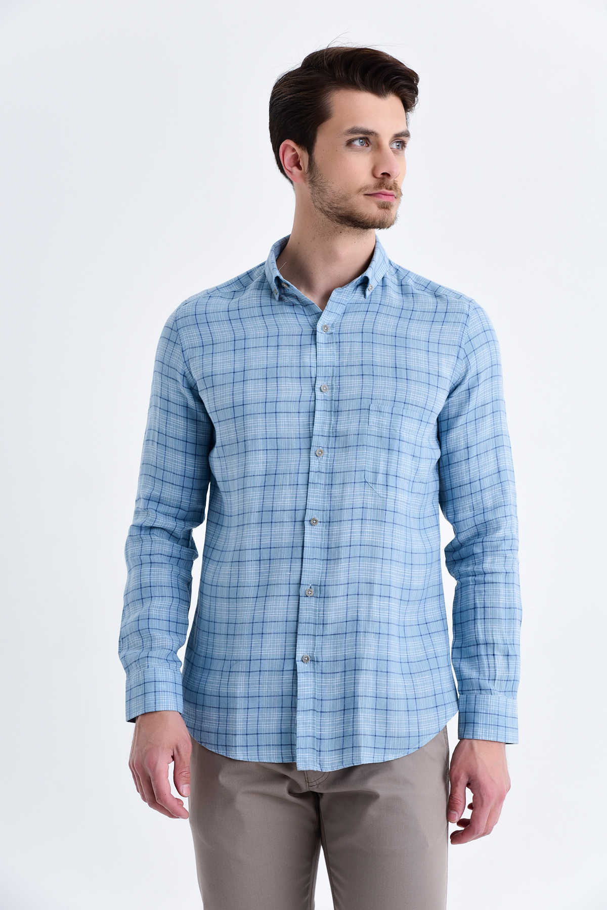 Slim Fit Long Sleeve Plaid Linen Blue Casual Shirt - SAYKI