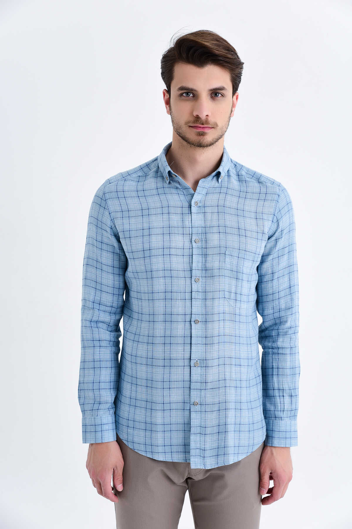 Slim Fit Long Sleeve Plaid Linen Blue Casual Shirt - SAYKI