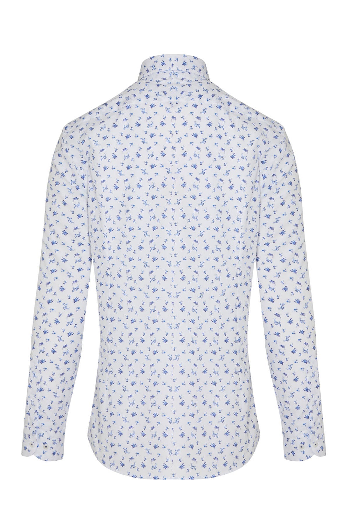 White long-sleeved dress shirt with a subtle blue floral pattern.