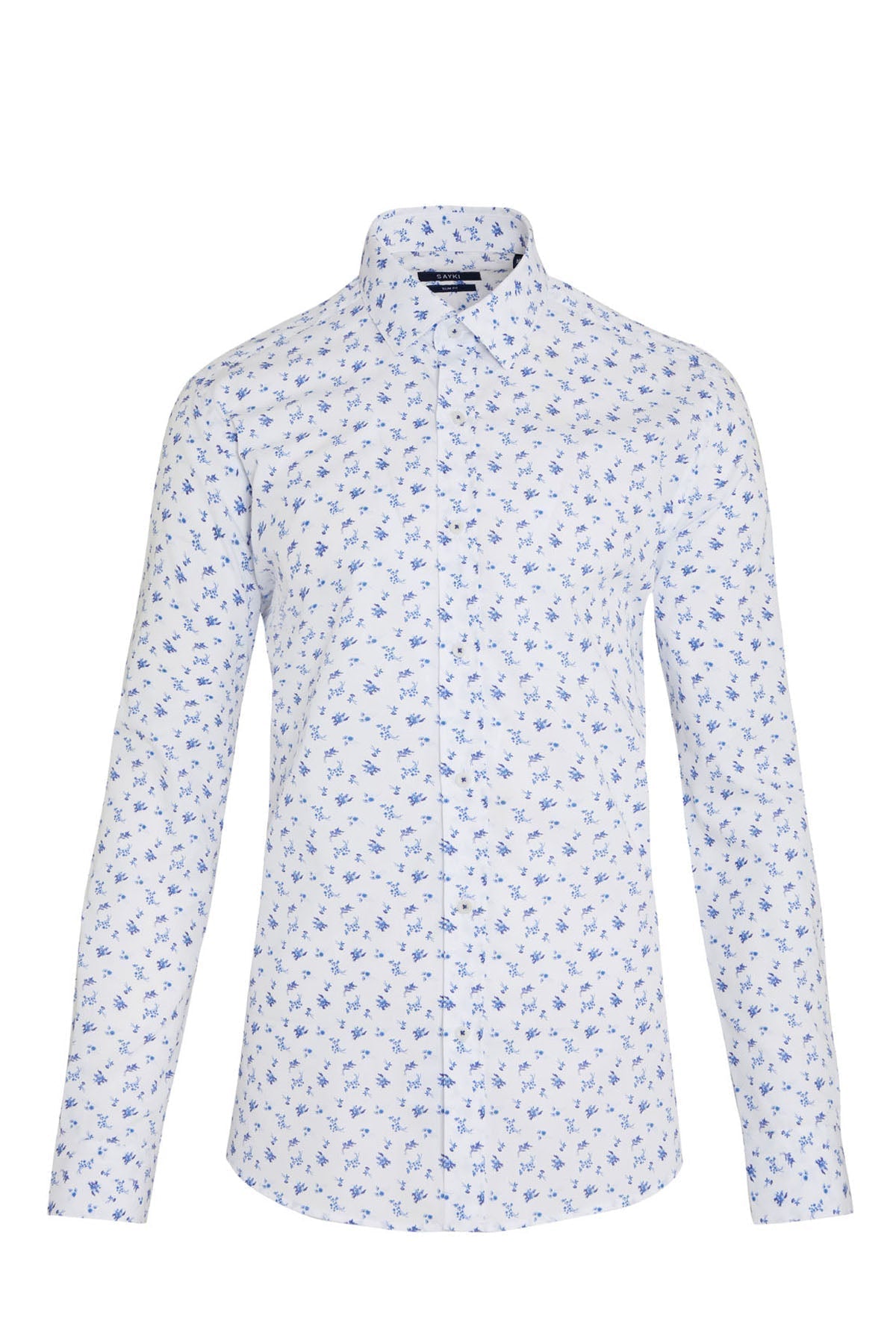 White long-sleeved button-down shirt with a subtle blue floral pattern.