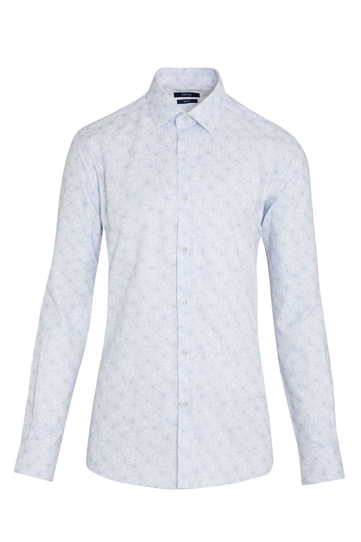 A crisp white men’s dress shirt with a subtle, all-over pattern of tiny geometric shapes.