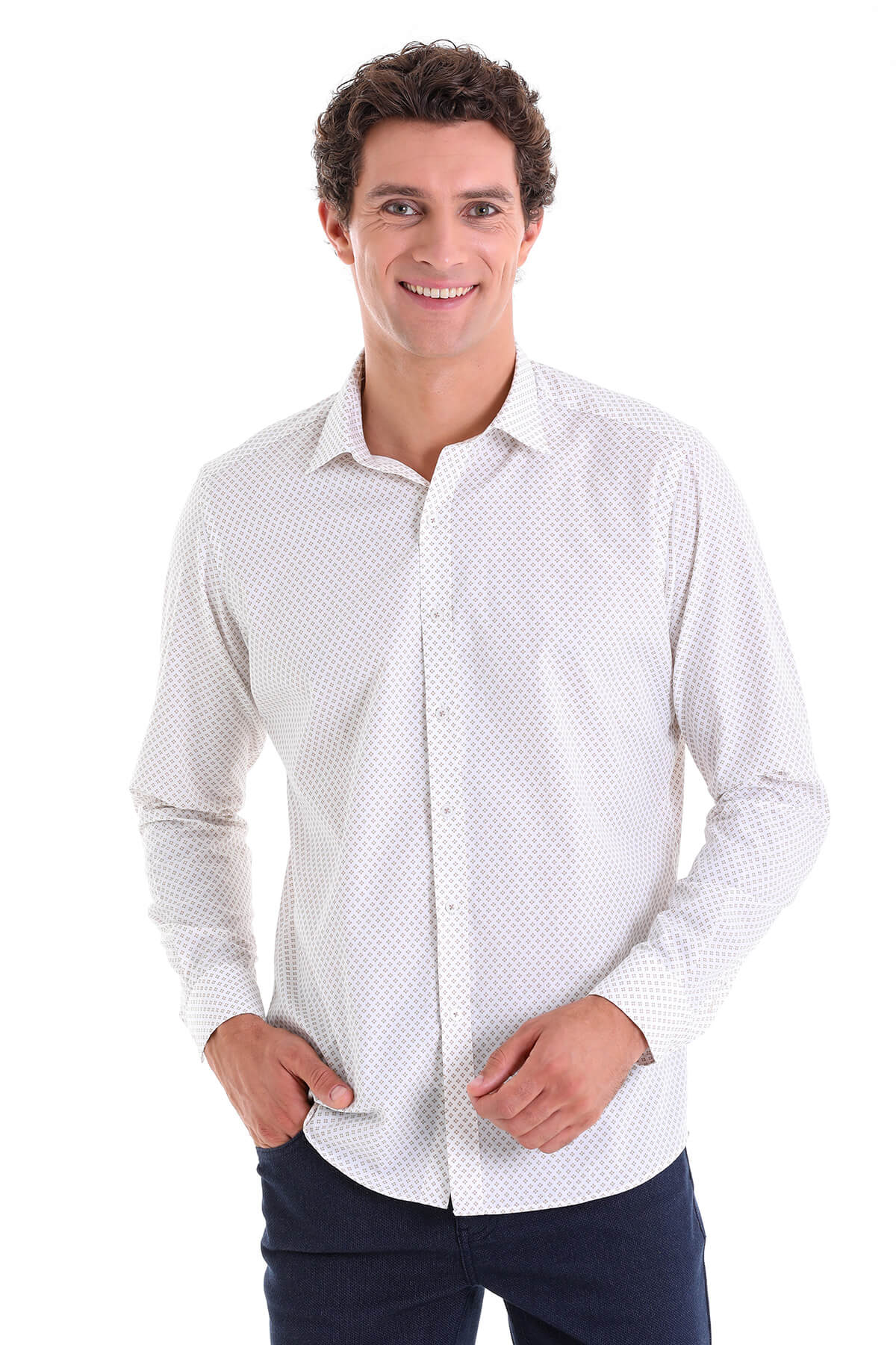 Slim Fit Long Sleeve Printed Cotton Beige Casual Shirt